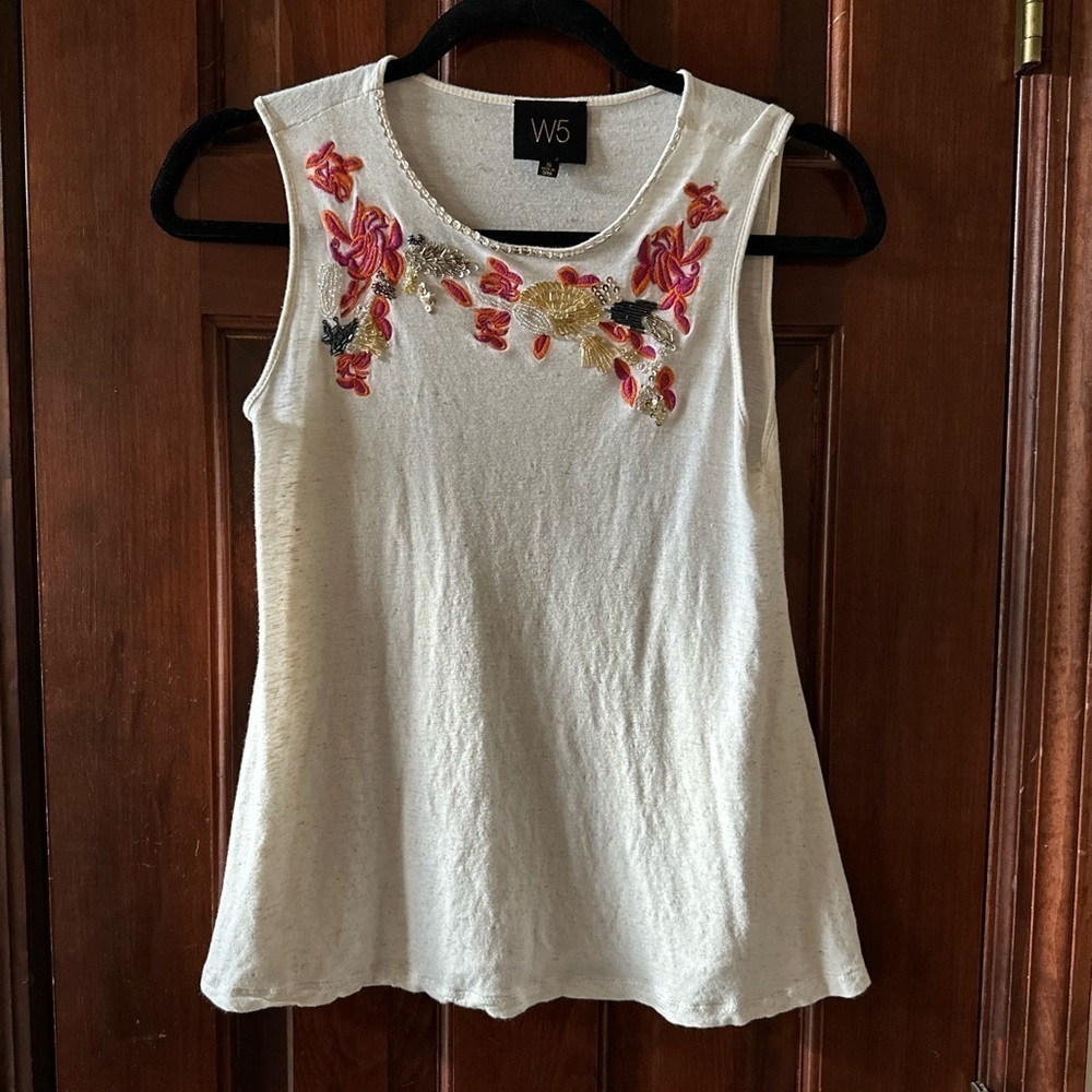 W5 Small Embroidered Cream Tank Top
